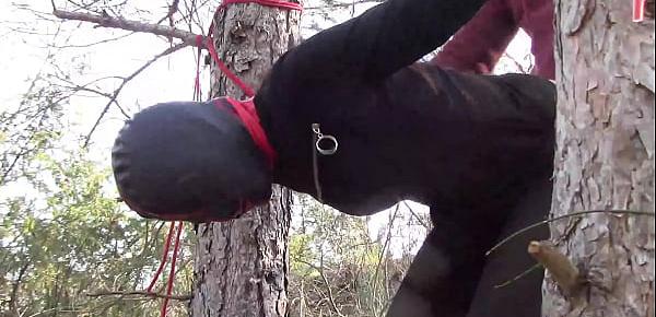  Outdoor sex in the wood. Wearing sexy clothes and high heels, bound, throated and fucked